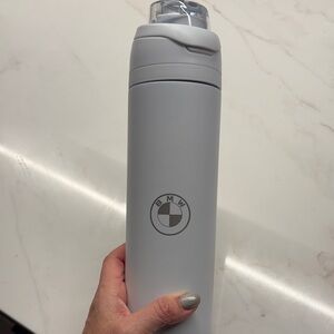 BMW white with silver logo Insulated Bottle w pop up top